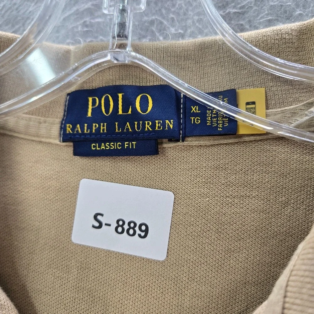 Polo Ralph Lauren Men Polo Shirt XL Beige Logo Split Side Hem Pony Classic READ